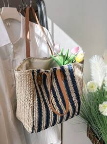 Dung lượng lớn Màu sắc Chặn Sọc Dệt Túi tote đeo vai Đối với bờ biển Kỳ nghỉ - Màu xanh lam - Xem 4