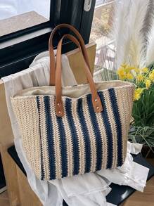 Dung lượng lớn Màu sắc Chặn Sọc Dệt Túi tote đeo vai Đối với bờ biển Kỳ nghỉ - Màu xanh lam - Xem 1