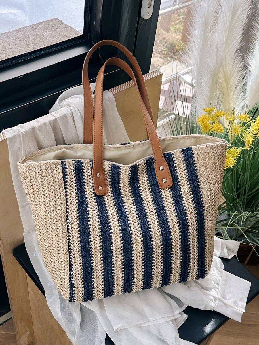 Dung lượng lớn Màu sắc Chặn Sọc Dệt Túi tote đeo vai Đối với bờ biển Kỳ nghỉ - Màu xanh lam - Xem 1