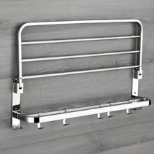 1pc Towel Rack With Towel Bar, Stainless Steel Bathroom Shelf, Wall Mounted Towel Holder, Towel Storage Rack For Bathroom, Towel Hanger With Hooks, Bathroom Accessories - Silver - View 3