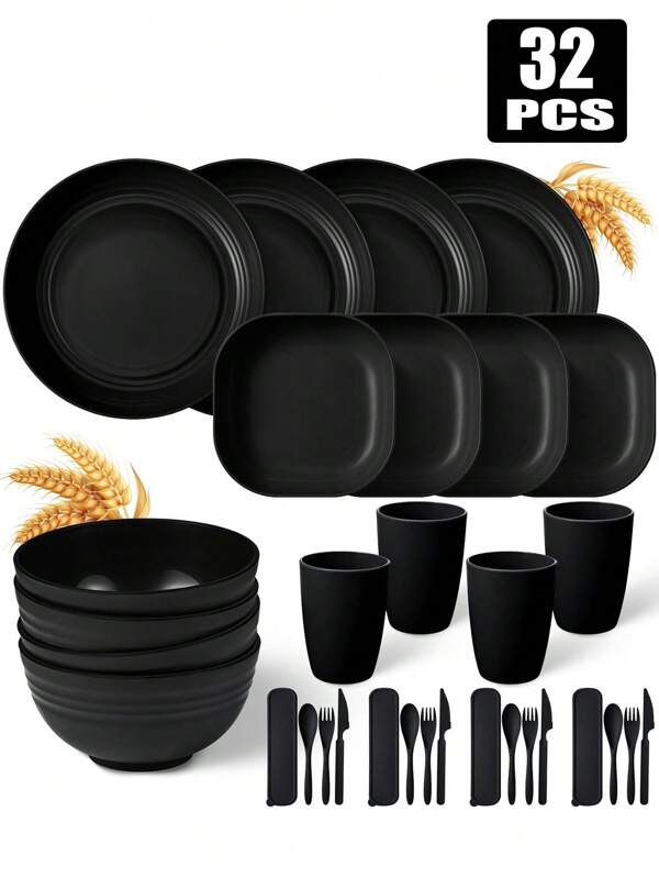 4/32 Pieces Black Plastic Cutlery Set, With Plates, Bowls, Cups, Eating Utensils, For 4 People/32 People, Ideal For Outdoor Camping And Gatherings School Supplies,Christmas Gift