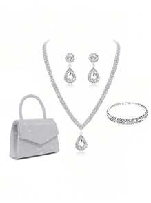 Women's Fashionable Party Clutch With Rhinestone Detailing And,4pcs Jewelry Set (Crystal Clutch,Claw Chain,Tassel Bracelet,Earrings And Necklace)Tready Bride Bag, Perfect For Party,Wedding, Prom,Dinner/Banquet, Matching With Wedding Dress, Formal Dresses, Prom Dress, Birthday Dress, Party Dress