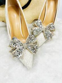 1 Pair Detachable Flower Shoe Clips With Full Rhinestone Double Layer Decoration, Suitable For High Heels And Sandals - Apricot - View 6