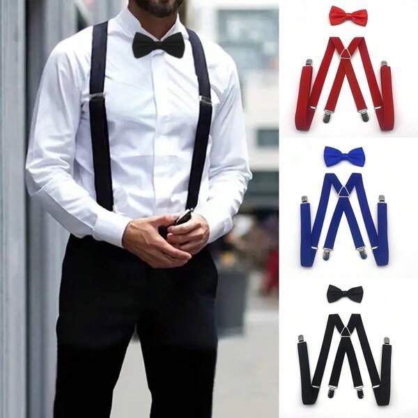 1set Men's 2.5cm Width Solid Color X-Shaped Suspender Set With 4 Clips And Bowtie, Adjustable Braces, Suspenders Halloween For Going Out Outfit Wedding Party And For Gift Autumn-Winter Accessories Halloween Costume,Suitable For Teens, Youth,Men,Casual, Outdoor, Athletic, Vacation, Graduation Gifts, Birthday, Daily Wear