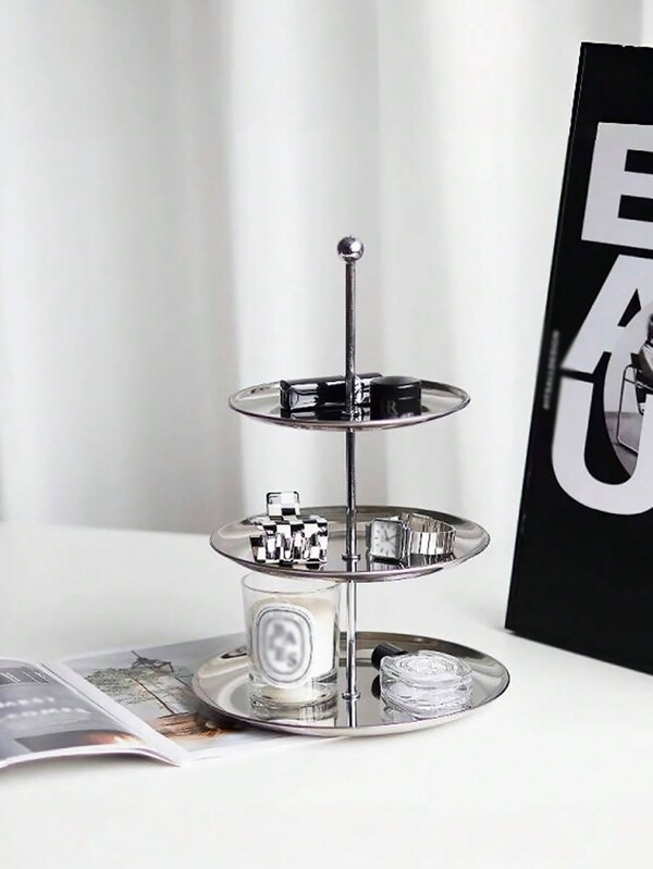 1pc Simple And Luxury Style Multi-Layer Stainless Steel Storage Rack/Ornament Display Rack/Floor Cabinet Snack/Fruit Plate/Desktop Storage Tray
