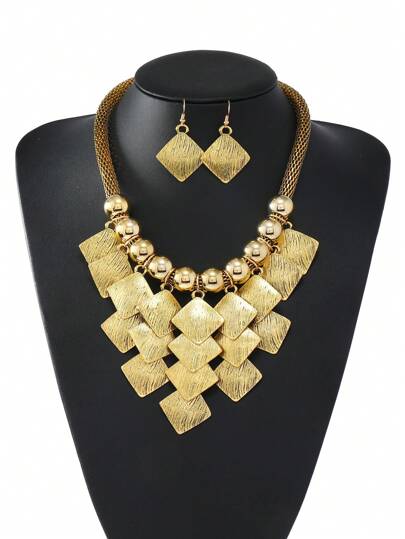 2pcs Earrings & 1pc Multilayer Geometric Beaded Block Chain Tassel Necklace Casual Beach Party Jewelry Set For Women