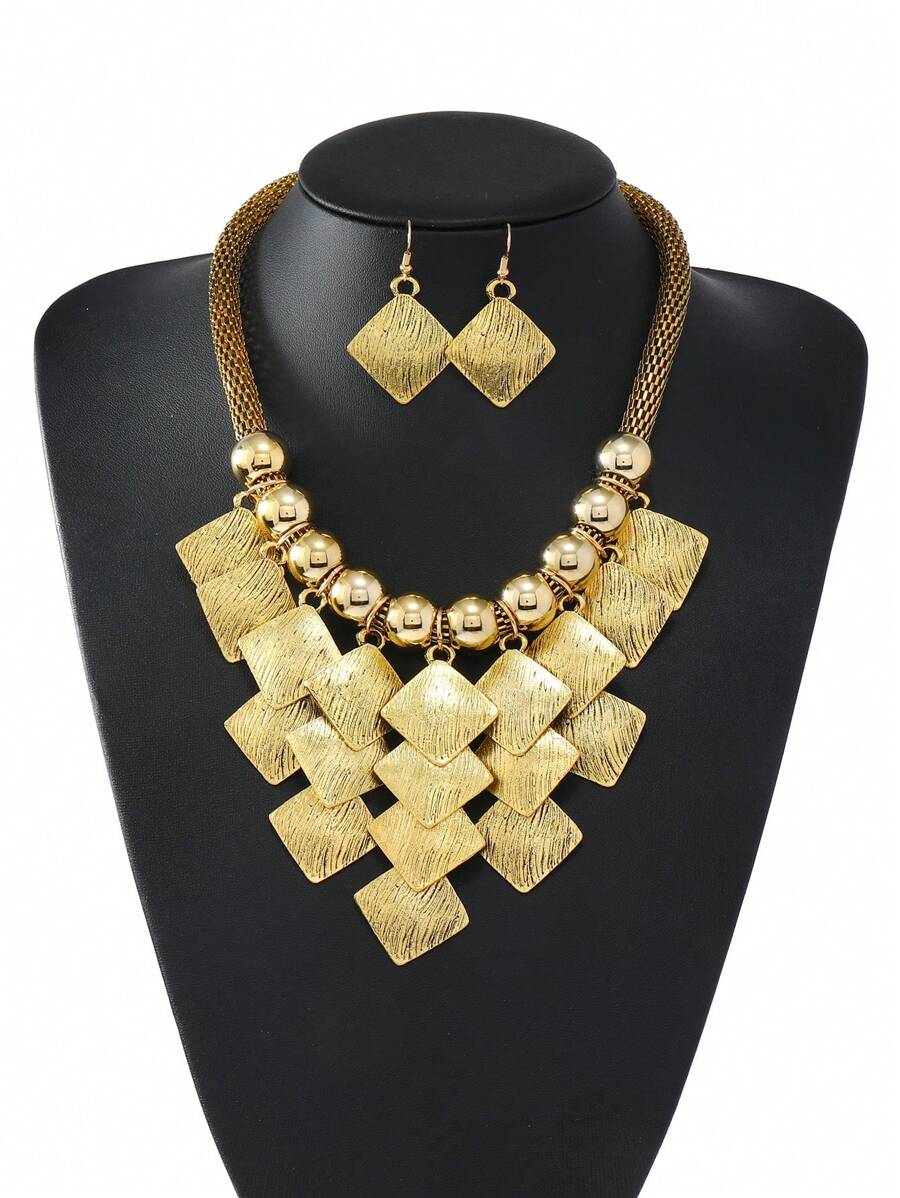 2 piezas Aretes y 1 pieza Collar de cadena con bloque de cuentas geométricas multicapa con borla, conjunto de joyas casuales para fiesta en la playa para mujeres - Estrella - Ver 1