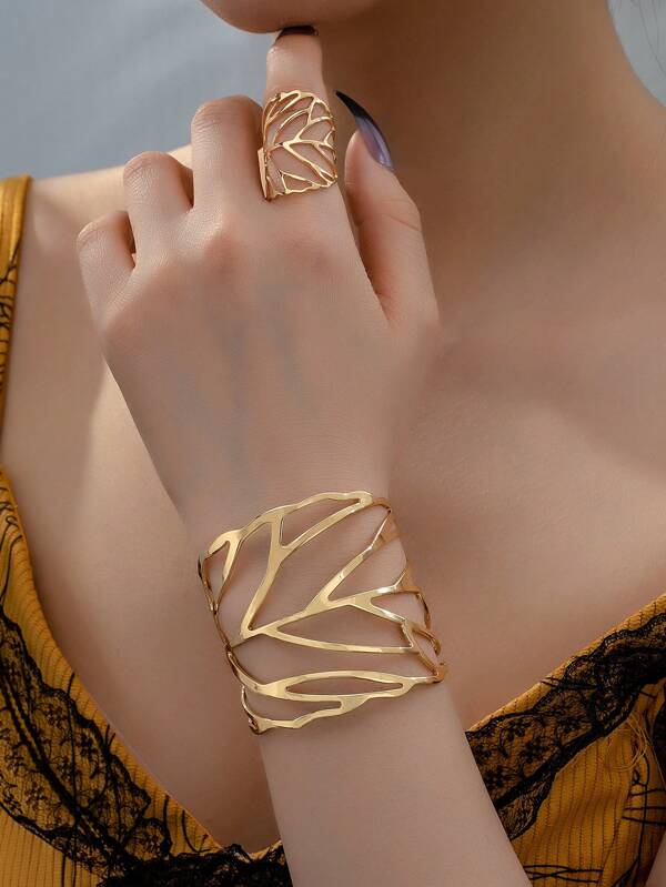 1pc Bangle & 1pc Ring Metal Leaf Design, Simple & Fashionable, Suitable For Women To Wear On Party & Banquet, Gift
