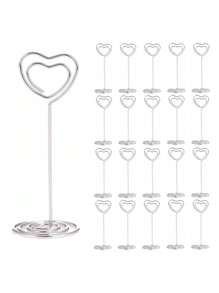 PARTYJRONE 10pcs/20pcs 8.5*4cm Heart Shaped Table Number Holders, Desk Picture Stands, Paper Menu Clips For Festive Table Decoration,Christmas - Silver - View 1