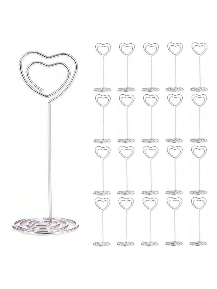 PARTYJRONE 10pcs/20pcs 8.5*4cm Heart Shaped Table Number Holders, Desk Picture Stands, Paper Menu Clips For Festive Table Decoration,Christmas - Silver - View 1