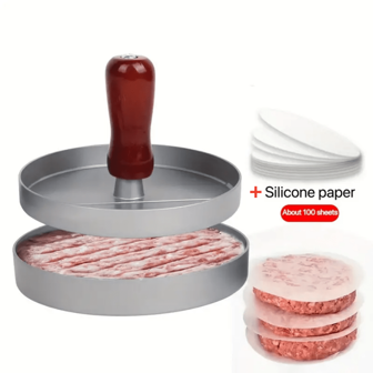 1 Pieza Prensa De Hamburguesa De Metal Antiadherente Con Mango De Madera Y 100 Papeles Para Hamburguesa, Molde Negro Para Hacer Hamburguesas Para Cocinar A La Parrilla Carne De Res, Queso Y Verduras, Sin Incluir La Parrilla Ni El Conjunto De Barbacoa De Hierro Con Mango De Madera
