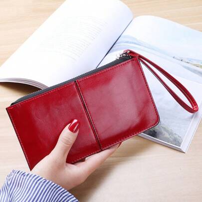 Women's Vintage Oil Wax Leather Zipper Clutch Wallet Female Large Capacity Coin Ladies Wristband Simple Card Holder Wallet For Women Wallet Purse Wallet Long Wallet Wristlet Wallet
