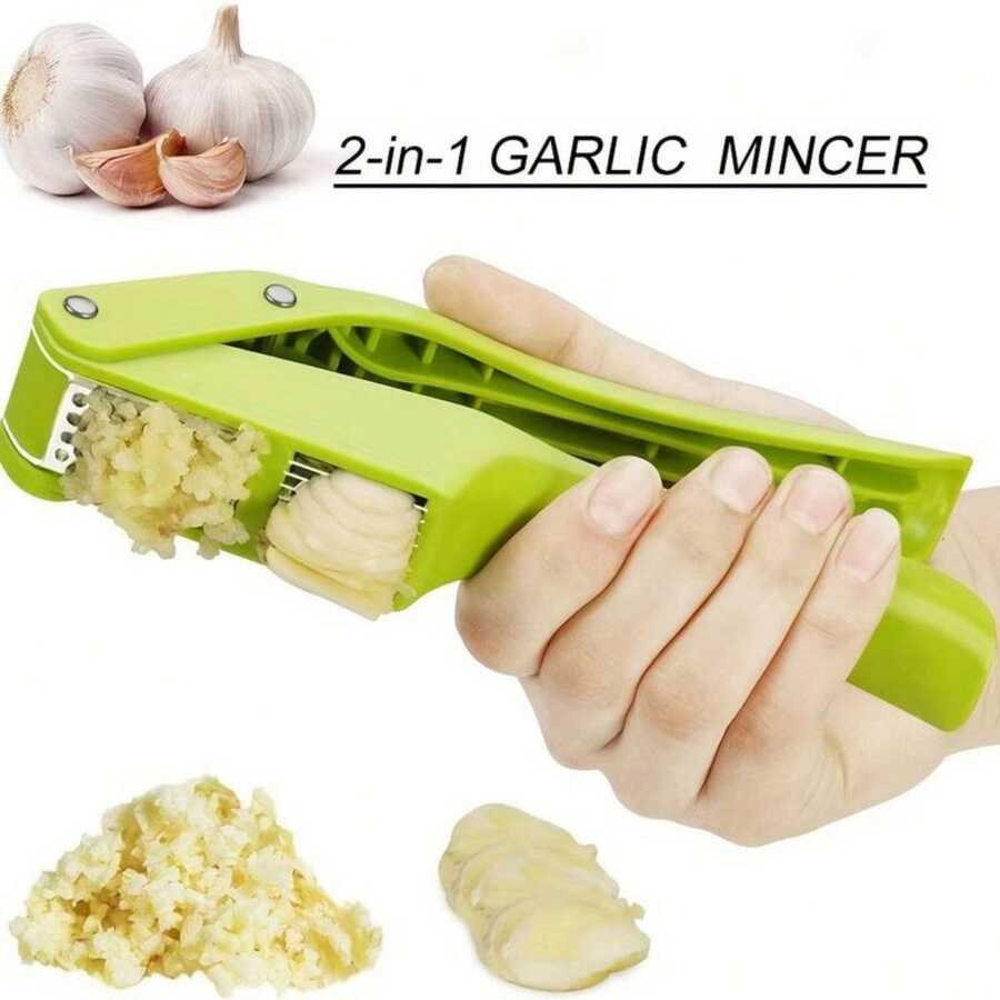1pc Green 2 In 1 Garlic Press And Garlic Slicer Chopper, Squeezable Garlic And Ginger Crusher