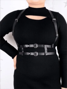 1 件加大码女式黑色 PU 皮革束带，时尚朋克个性化围兜多功能装饰腰带 - 黑色 - 查看 6