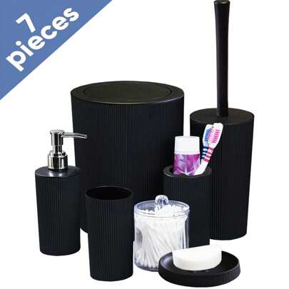 7 Piece Set,Plastic & Stainless Steel Gift Set Toothbrush Holder,Bathroom Accessories Set,Mouthwash Cup,Soap Dispenser,Soap Dish,Toilet Brush,Trash Can, Qtip Holder,Birthday, Holiday, Housewarming,Christmas Gift Set , Available In Five Colors: Black, Grey, Apricot, White And Purple Bathroom Accessories Bathroom Tools