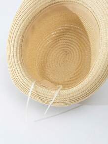 1pc Unisex Kids' Black Band Decorated Simple & Stylish Natural-Colored Panama Straw Hat With Upturned Brim, Suitable For Outdoor Activities And Beach Vacation - Beige - View 6