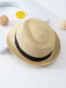 1pc Unisex Kids' Black Band Decorated Simple & Stylish Natural-Colored Panama Straw Hat With Upturned Brim, Suitable For Outdoor Activities And Beach Vacation - Beige - View 2