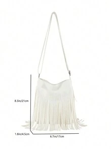 Túi đeo chéo tua rua cổ điển thời trang và cá tính, Túi đeo vai phong cách Bohemian, Ví vuông trang trí tua rua Túi Messenger giải trí, Thích hợp cho du lịch và sử dụng hàng ngày, Túi đeo chéo đi làm công sở di động Da PU nửa tháng Túi đeo chéo tua rua Túi xách nhỏ - trắng - Xem 3