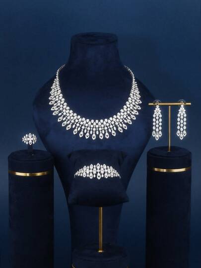 4pcs Silver Cubic Zirconia Luxury Wedding/Gala Necklace, Earrings, Bracelet, Open Ring Set, Suitable For Women's Daily And Party Wear