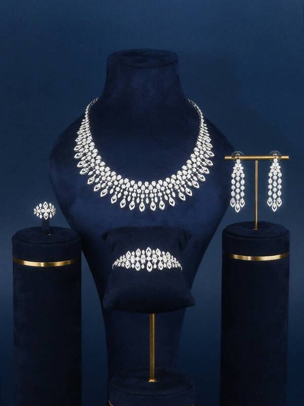 4pcs/Set Women's Fashion Silver Cubic Zirconia Luxurious Wedding Evening Necklace, Earrings, Bracelet, Open Ring For Daily Or Party Wear