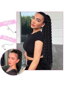 Cola de caballo rizada larga de 22 pulgadas con extensión de clip de cordón de dibujo instantáneo sintético resistente al calor, sujetada en la cola de caballo, extensión de pelo rizado - Negro - Ver 8
