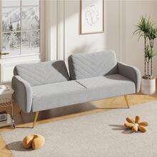 70.47" Fabric Double Split Backrest And Two Throw Pillows, Sleeper Sofa,Mid Century Modern Futon Loveseat Sofa With Gold Metal Legs And Midfoot For Small Spaces Living Room, Bedroom - Xám - Xem 3