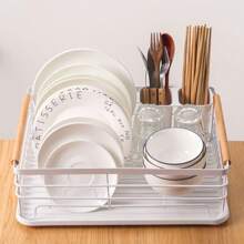 LIVINGANDHOME Living And Home Kitchen Countertop Stainless Steel Dish Drainer Rack,Cutlery Holder Dish Drying Rack With Wooden Handle,Kitchen Organizer Storage Shelf - White - View 4