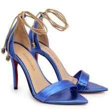 Sandália de Grife Feminina Azul Salto Alto Bico Folha Fecho de Cordão Confortável Moderna Versátil