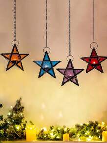 1pc European Style Vintage Windproof Colored Glass Candle Holder, Hanging Iron Art Star Glass Candle Holder With Floral Pattern (Candles Not Included), Festival Decoration Colorful Star Ornament,Home Decor ,Room Decor,Wall Decor Gifts Birthday Graduation