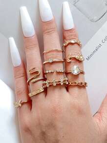 11pcs Gold Luxury Rhinestone Women's Alloy Ring Set Elegant Retro Jewelry Love Butterfly