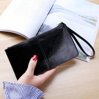 Women's Vintage Oil Wax Leather Zipper Clutch Wallet Female Large Capacity Coin Ladies Wristband Simple Card Holder Wallet Business Casual For Women Wallet Purse Wallet Long Wallet Wristlet Wallet
