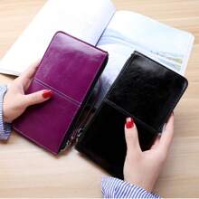 女士复古油蜡皮拉链手拿包钱包女大容量零钱包女士腕带简约卡包钱包商务休闲女士钱包钱夹长款钱包腕带钱包 - 黑色 - 查看 3