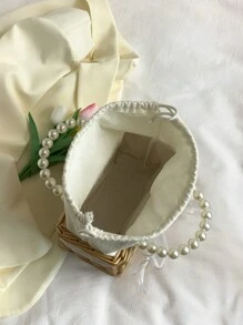New Wedding Vine Ribbon Drawstring Square Pearl Handbag Woven Straw Tote Basket Bowknot Favor Gift