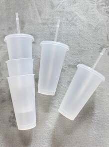 1pc Clear Plastic Drinking Cup With Straw - Clear - View 2