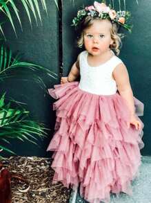 Young Girl Sleeveless Eyelash V Backless Vintage Lace Tiered Sleeveless Tulle Tutu Flower Girl Maxi Dress