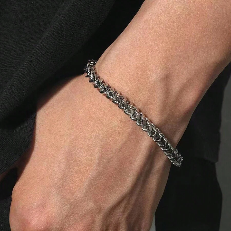 1pc European And American Men's Woven Bracelets,Stainless Steel Fashion Business Style Accessories - Silver - View 1