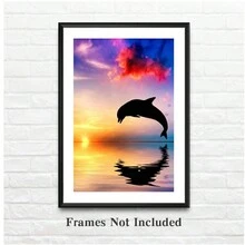 1入組無邊框壁藝畫布裝飾畫，日落跳躍海豚畫布，現代家居禮品裝飾畫書房臥室廚房浴室 - 彩色 - 查看 1