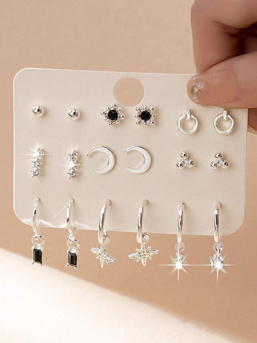 9 pares Brincos de Argola e Brincos de Strass de Prata/Ouro/Ouro Rosa/Preto Elegante, Fofo, Simples e Casual da Moda Europeia e Americana, Adequado para Uso Diário, Férias, Presente, Joia para Mulheres