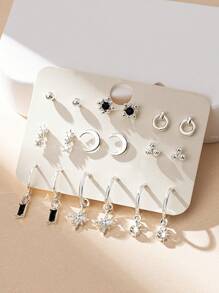 9 pares Brincos de Argola e Brincos de Strass de Prata/Ouro/Ouro Rosa/Preto Elegante, Fofo, Simples e Casual da Moda Europeia e Americana, Adequado para Uso Diário, Férias, Presente, Joia para Mulheres