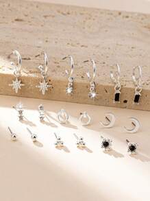 9 pares Brincos de Argola e Brincos de Strass de Prata/Ouro/Ouro Rosa/Preto Elegante, Fofo, Simples e Casual da Moda Europeia e Americana, Adequado para Uso Diário, Férias, Presente, Joia para Mulheres