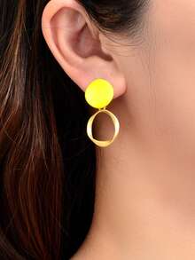 1對女士彈跳舞派對珠圓形耳環，春季彩色碟片金鍍圈飾品 - 黃色 - 查看 2