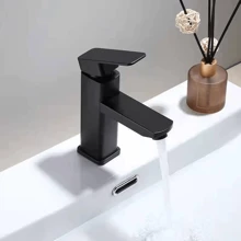 1 pièce Lavabo carré en acier inoxydable noir, robinet mitigeur moderne haut et court pour eau chaude et froide, accessoires de salle de bain, outils de salle de bain - Noir - Voir 5