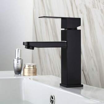 1 pieza Lavabo cuadrado de acero inoxidable negro, grifo mezclador moderno alto y bajo para agua fría y caliente, grifo del lavabo