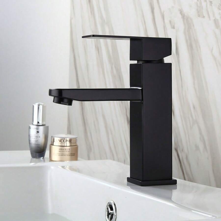 1 pièce Lavabo carré en acier inoxydable noir, robinet mitigeur moderne haut et court pour eau chaude et froide, accessoires de salle de bain, outils de salle de bain - Noir - Voir 1