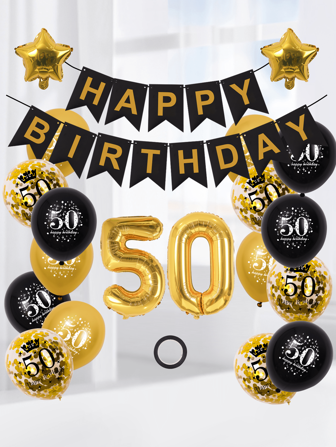 21pcs 50th Birthday Party Latex Balloon Supplies, Golden Number Aluminum Foil Balloon, Happy Birthday Black Banner Kit, Birthday Decoration, Black & Gold Latex Balloons, Confetti Balloons, Easter Gift, Christmas