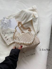 Túi xách mini đính ngọc trai giả trang trí khóa Kiss, Túi xách nữ công sở thường ngày, Hoàn hảo cho văn phòng, kinh doanh và công việc - Màu Khaki - Xem 5