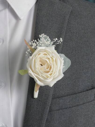 1pc White Rose & Baby's Breath Beautiful Brooch Bouquet, Suitable For Wedding And Party Valentine's Day
