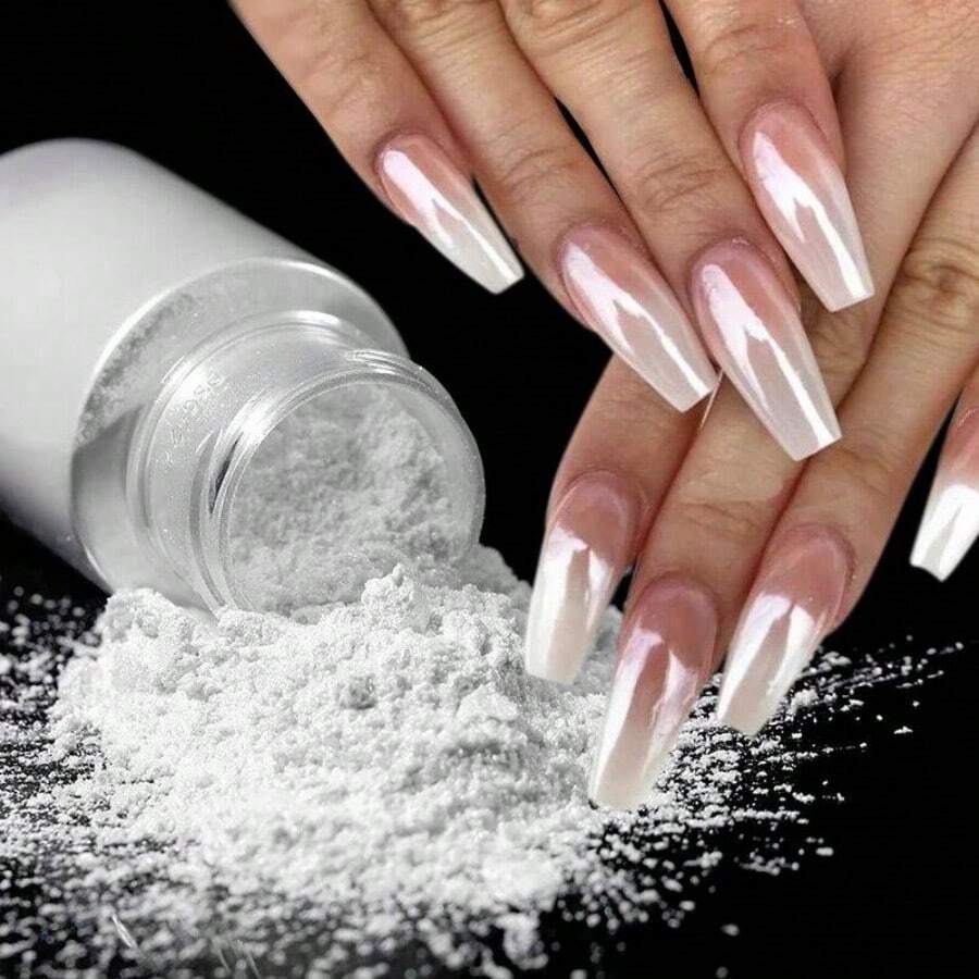 1 caja de uñas postizas de perlas blancas, polvo brillante, polvo cromado blanco de luz de luna, pigmento de espejo de concha para decoración de arte de uñas - Blanco - Ver 1
