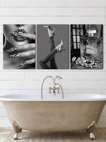 3pcs Modern Feminine Canvas Poster, Luxury Shiny Wall Art, Black And White Home Decoration, Ideal Gift For Living Room, Bedroom, Office, Hallway, Dining Room, Hotel Wall Decoration, Room Decoration, Modern Style Canvas Painting, Room Art, Printed Picture, Unframed Gifts Birthday Graduation