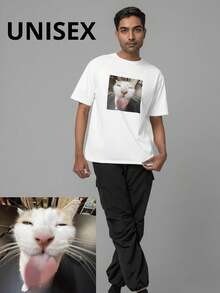 playera urbana unisex diseño gato sacando la lengua meme 1 pieza - Blanco - Ver 2